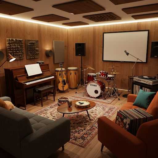 Rustige muziekhoek met koptelefoon en zachte neutrale sfeer